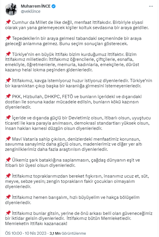 Cumhur da Millet de ilke değil, menfaat ittifakıdır. Birbiriyle siyasi olarak yan yana gelemeyecek kişiler koltuk sevdasına bir araya geldiler. 