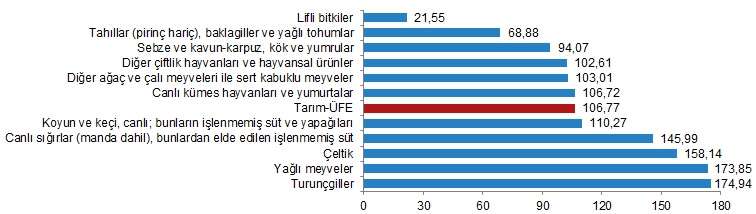 Yıllık Tarım-ÜFE'ye göre 6 alt grup daha düşük, 5 alt grup daha yüksek değişim gösterdi