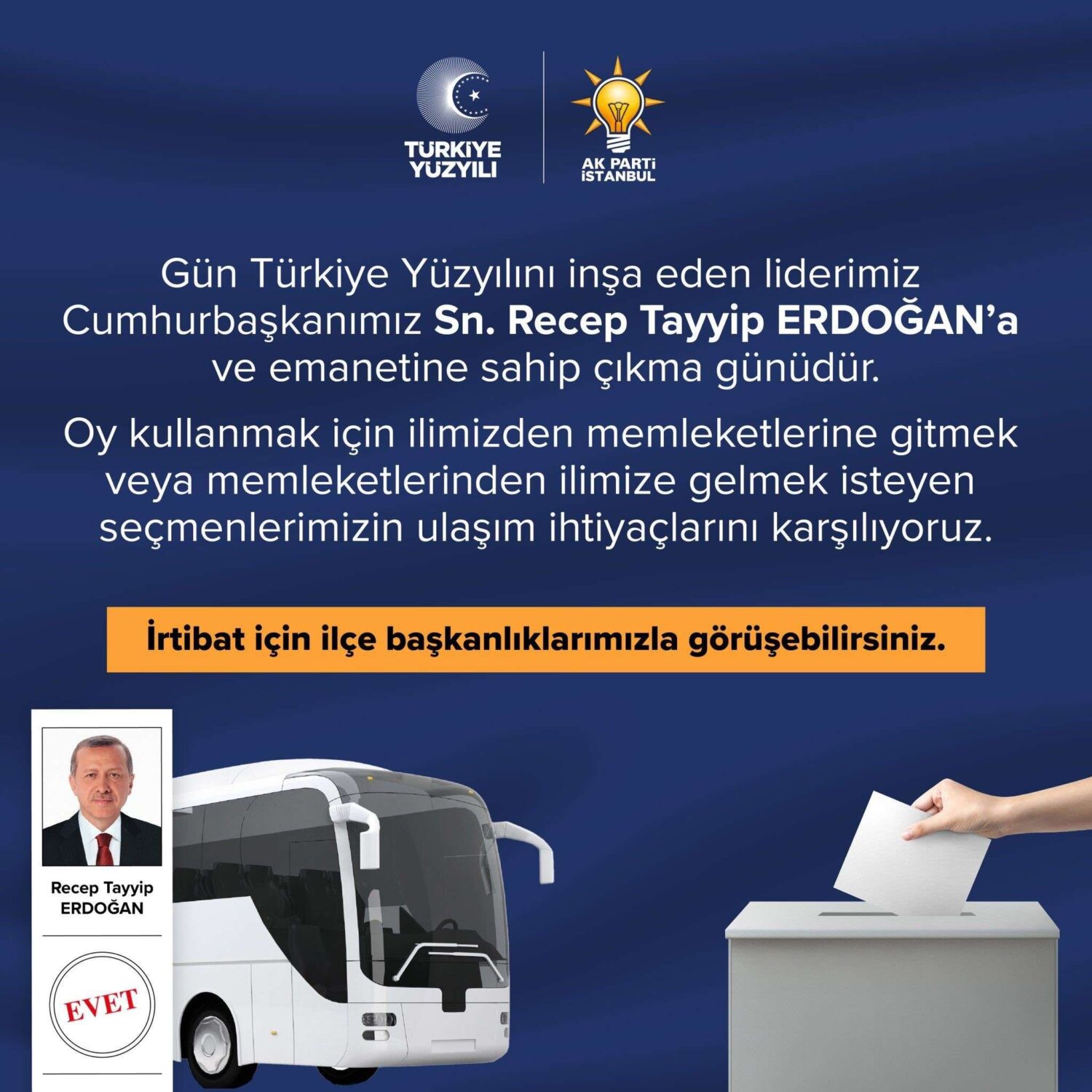 AK Parti İstanbul İl Başkanlığı tarafından yapılan açıklamaya göre, resmi ikameti başka şehirlerde olan seçmenlere 14 Mayıs'ta olduğu gibi 28 Mayıs'ta gerçekleştirilecek olan seçimde de ücretsiz ulaşım hizmeti sunulacak.