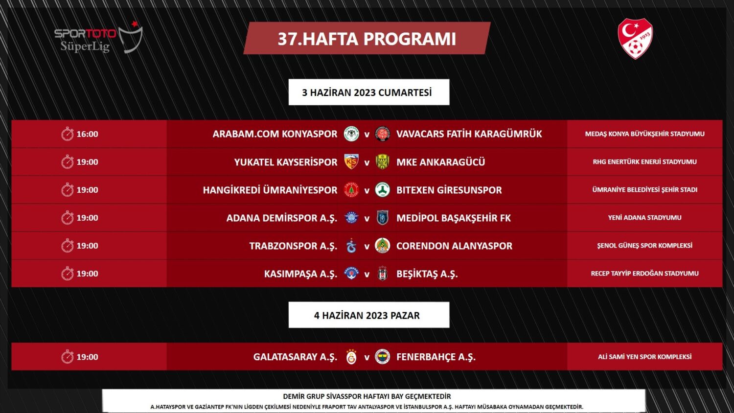 Spor Toto Süper Lig’in 37. hafta maç programının belli olmasıyla heyecanla beklenen büyük derbinin günü netleşti. Galatasaray - Fenerbahçe derbisi 4 Haziran Pazar günü oynanacak.