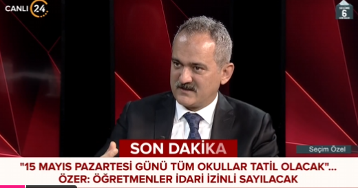 Millî Eğitim Bakanı Mahmut Özer 24 TV'de katıldığı programda 15 Mayıs Pazartesi günü okulların tatil olacağını söyledi. 