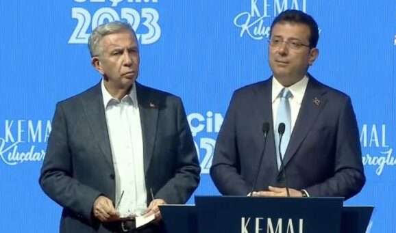 İBB Başkanı Ekrem İmamoğlu ve ABB Başkanı Mansur Yavaş CHP Genel Merkezi'nde sonuçları beklerken ilk basın toplantısını düzenledi. 