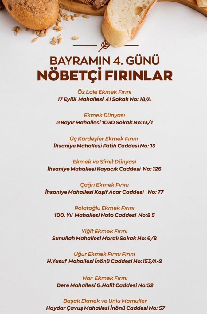 Kurban Bayramı’nda Bandırma’da vatandaşa hizmet verecek nöbetçi fırınların listesine göre bayramın 4. günü dokuz fırın açık olacak.
