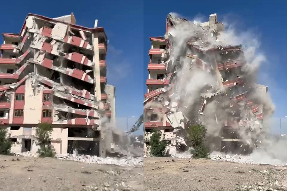 Elazığ'da Kahramanmaraş'taki yıkıcı depremlerden etkilenen ağır hasarlı bir binanın yıkımına başlandı. Bina iş makinesinin makası binaya temas etmesiyle tamamen yıkıldı.