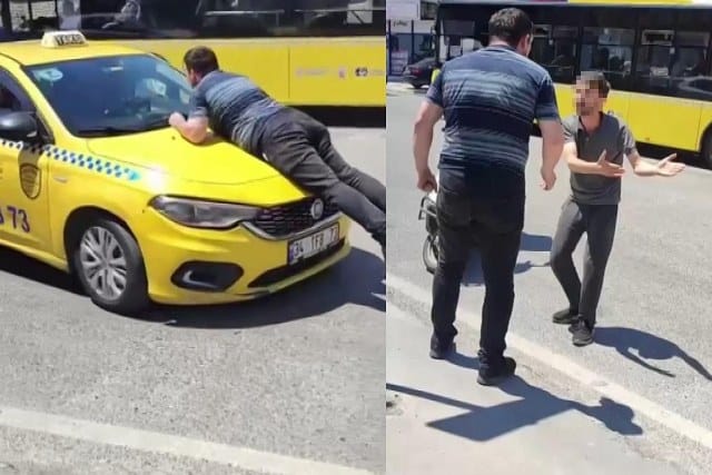 Pendik'te taksi ile otomobilin karıştığı maddi hasarlı kaza meydana geldi. Taksi şoförünün aracını sağa çekeceği esnada otomobil sürücüsü şoförün kaçtığını düşünerek kaputun üzerine çıktı ve yumruklamaya başladı.