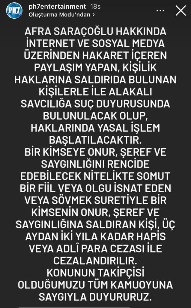 Afra Saraçoğlu, Yalı Çapkını dizisinde rol arkadaşı Mert Ramazan Demir ile birlikte görüntüleri çıktıktan sonra yapılan hakaret içerikli yorumlarla ilgili yasal yollara başvurma kararı aldı. 