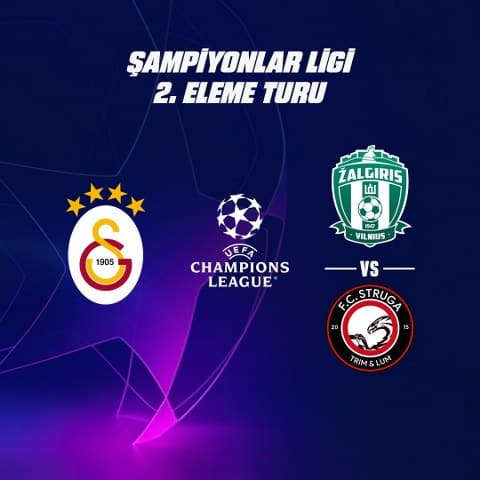 Galatasaray'ın UEFA Şampiyonlar Ligi 2. Ön Eleme Turu'nda rakibi Zalgiris Vilnius - FC Struga eşleşmesinin galibi olacak.