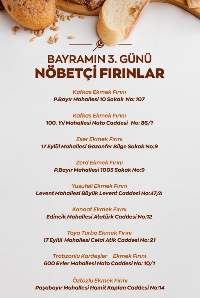 Kurban Bayramı’nda Bandırma’da vatandaşa hizmet verecek nöbetçi fırınların listesine göre bayramın 3.günü dokuz fırın açık olacak.