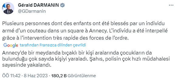 Fransa İçişleri Bakanı Gérald Darmanin'in duyurduğu Annecy kasabasının meydanında gerçekleştirilen bıçaklı saldırıda, 4 çocuk ve iki yetişkinin yaralandığı belirtildi.