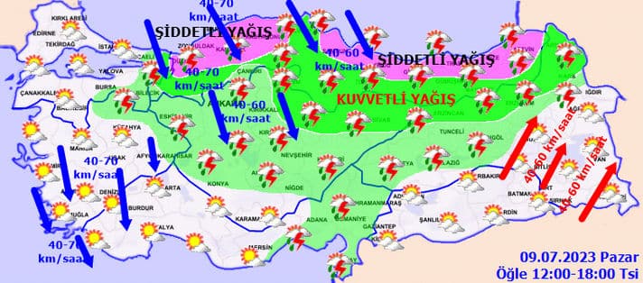 Meteoroloji Genel Müdürlüğü'nden yapılan hava tahminlerine göre ülkemizin kuzey ve iç kesimlerinin parçalı yer yer çok bulutlu, Doğu Akdeniz, İç Anadolu, Karadeniz, Doğu Anadolu'nun kuzeyi ve batısının gök gürültülü sağanak yağışlı, diğer yerlerin az bulutlu geçeceği tahmin ediliyor.