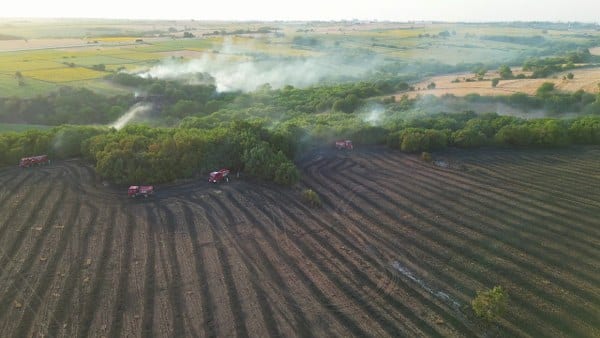 Edirne'nin Uzunköprü ilçesinde çıkan orman yangını, 3 köyde devam eden söndürme çalışmalarıyla kontrol altına alınırken, yangının etkisi altında kalan bölgeler havadan görüntülendi.