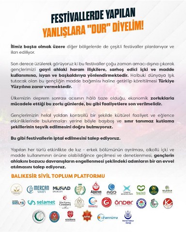 Balıkesir Sivil Toplum Platformu adlı kuruluş Balıkesir Büyükşehir Belediyesi'nin 4. Aromaterapi Festivali kapsamında düzenleyeceği konserleri hedef alarak gerici bir bildiri yayınladı.