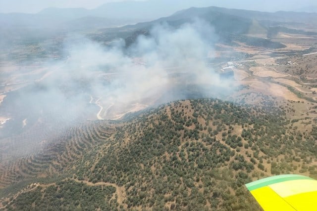 İzmir’in Kiraz ilçesinde, ekin tarlasında başlayan ve ormana sıçrayan yangına havadan ve karadan müdahale ediliyor.
