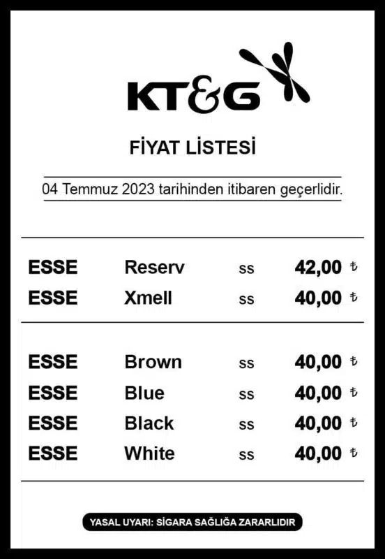 KT&G isimli sigara grubuna 5 lira zam yapıldı. Tekel Bayiler Platformu Başkanı Özgür Aybaş diğer sigara gruplarında da birkaç gün içinde zam beklendiğini belirtti.