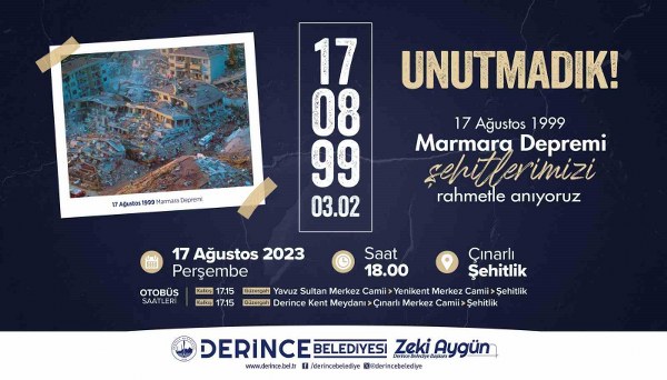 Kocaeli'nin Gölcük ilçesinde 17 Ağustos 1999'da meydana gelen depremin üzerinden tam 24 yıl geçti. Bu 24. yıl dönümünde, Derince Belediyesi, depremin şehitlerini anmak amacıyla bir etkinlik düzenliyor.