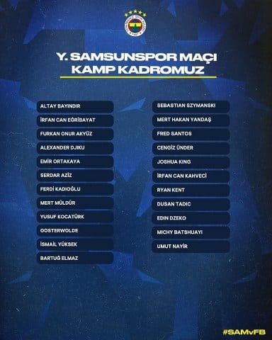 Fenerbahçe, Trendyol Süper Lig’in 2. haftasında deplasmanda karşılaşacağı Samsunspor maçı öncesi kamp kadrosunu açıkladı. 