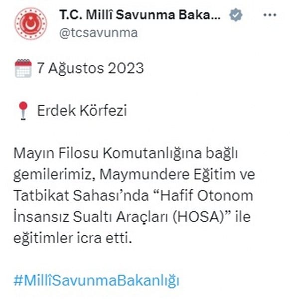 Milli Savunma Bakanlığı tarafından kurumun resmi sosyal medya hesaplarından yapılan paylaşım ile Erdek ilçesinde insansız su altı otonom araçlar ile tatbikat gerçekleştirildiği bildirildi.