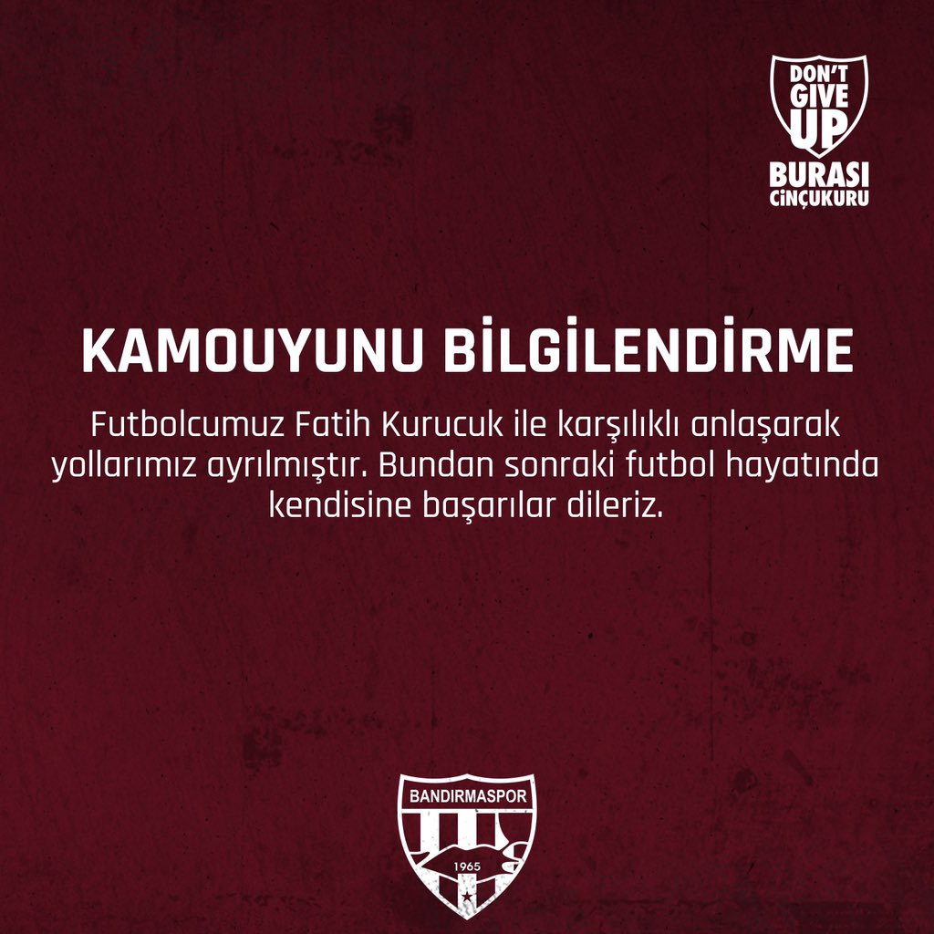 Teksüt Bandırmaspor Kulübünden yapılan açıklamaya göre kadrosunda bulunan Fatih Karucuk ile olan sözleşmenin karşılıklı olarak fesh edildiği açıklandı.