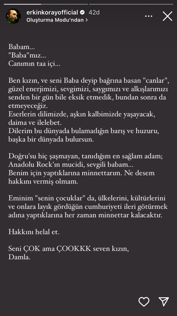 Türk Rock müziğinin efsane ismi Erkin Koray, uzun süredir yaşadığı Kanada'nın Toronto şehrinde hastaneye kaldırılmıştı. 82 yaşındaki sanatçının hayatını kaybettiğini, kızı Damla duyurdu. 