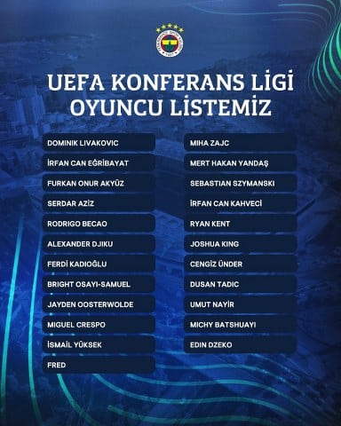 Fenerbahçe, UEFA Avrupa Konferans Ligi kadrosunu açıkladı. Luan Peres, Samet Akaydin, Mert Müldür, Nazım Sangare, Bartuğ Elmaz, Emre Mor, Omar Fayed, Emre Demir, Burak Kapacak listede yok. 