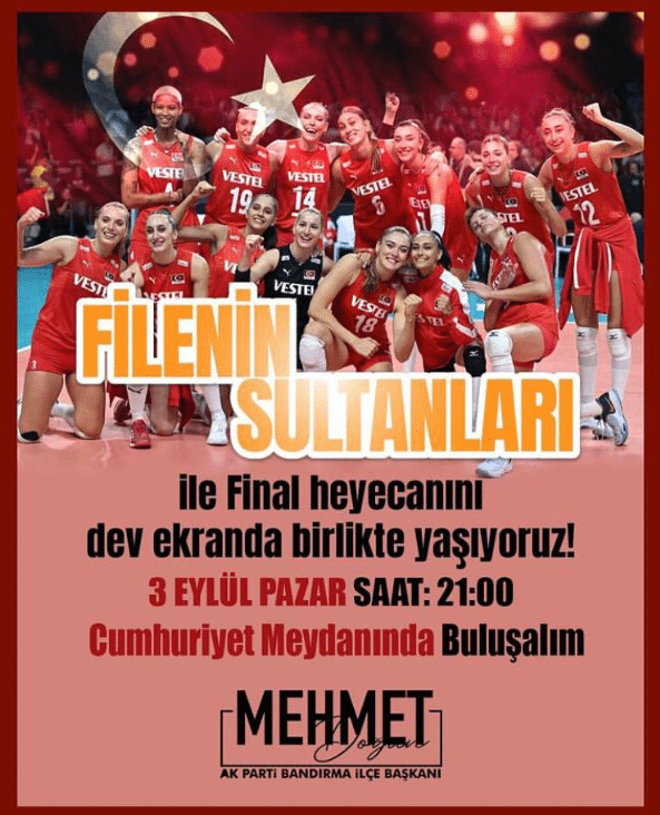 A Milli Kadın Voleybol Takımı’nın CEV Avrupa Voleybol Şampiyonası finalinde bugün Sırbistan ile karşı karşıya geleceği mücadele Bandırma Cumhuriyet Meydanı'nda dev ekranda