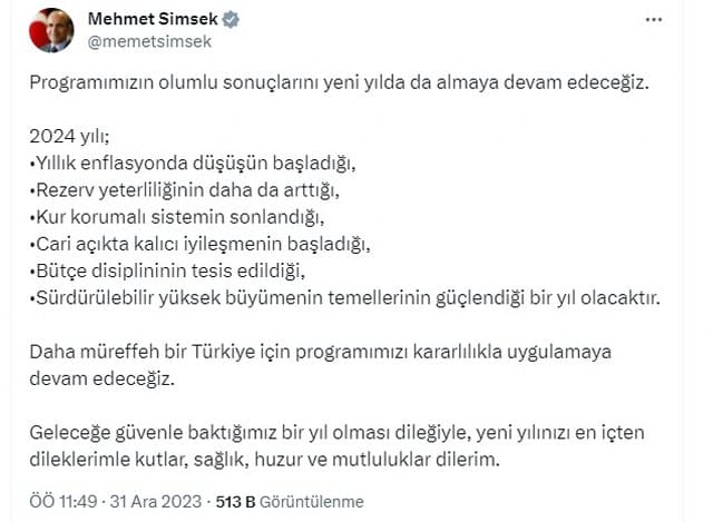 Hazine ve Maliye Bakanı Mehmet Şimşek, 2023 yılının bitmesine saatler kala sosyal medya hesabından yaptığı paylaşım ile 2024'e ilişkin açıklamalarda bulundu.