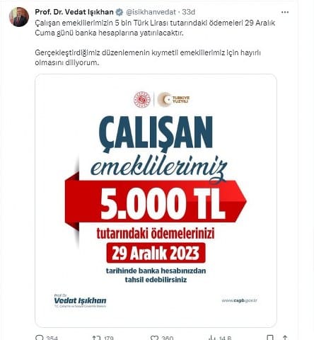 Çalışma Bakanı Vedat Işıkhan, sosyal medya hesabından yaptığı açıklama ile  bin TL'lik emekli ikramiyesini alamayan emeklilerin Cuma Günü paralarını alacağını açıkladı.