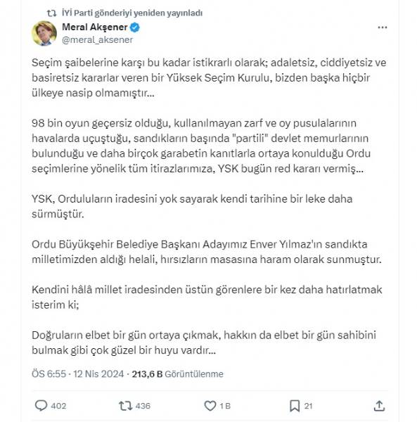 YSK, İyi Parti'nin Ordu Seçim İptali Talebini Reddetti