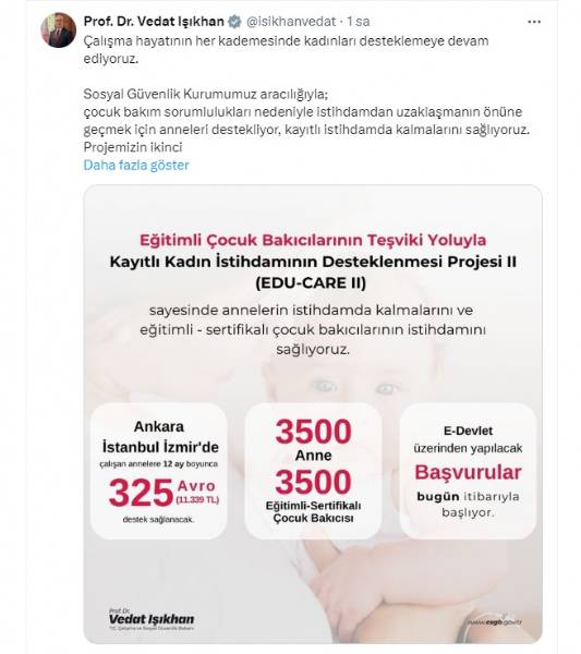 Çalışan annelere destek, Kayıtlı Kadın İstihdamı, çocuk bakım desteği, 325 euro destek, eğitimli çocuk bakıcılığı, e-Devlet başvuru