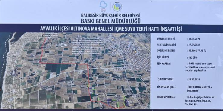 Balıkesir Büyükşehir Belediye Başkanı Ahmet Akın, Ayvalık’ın içme suyu sıkıntısını giderme konusunda önemli bir adım olan Ayvalık Altınova İçme Suyu Terfi Hattının temelini attı. Balıkesir Büyükşehir Belediyesi iştiraklerinden Balıkesir Su ve Kanalizasyon Genel Müdürlüğü (BASKİ) tarafından gerçekleştirilecek terfi hattı yapım çalışmaları için ilk kazma vuruldu, ilk kaynak kesim işlemi yapıldı. Ekonomik ömrünü yitirmesi ve vatandaşların mülkiyetlerinde kalmaması sebebi ile sık sık arızalar meydana gelen hat, çalışmaların tamamlanmasıyla sağlıklı ve kesintisiz bir şekilde hizmet verecek. Proje kapsamında 8 kilometrelik bir terfi hattı yenilenecek.