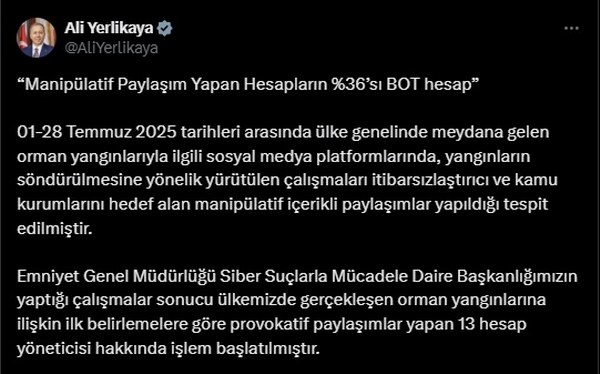 Orman yangınlarıyla ilgili 13 sosyal medya hesabına işlem
